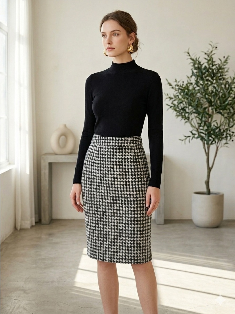 Raoul Black & White Houndstooth Wool Pencil Skirt - US 4 (FR 36)